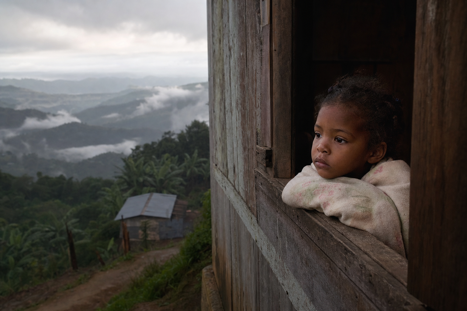 A child bundled against the cold in a mountain village