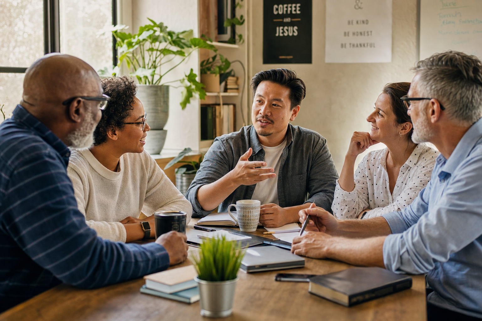 A diverse group of church, school, and organization leaders having a warm conversation around a table