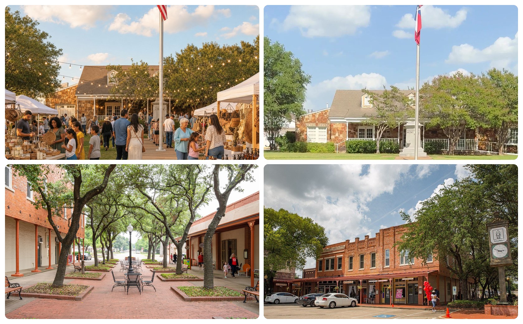 Collage: HOPE Market at the Community House with vendor tents, the Community House building, and the charm of Lancaster's historic Town Square