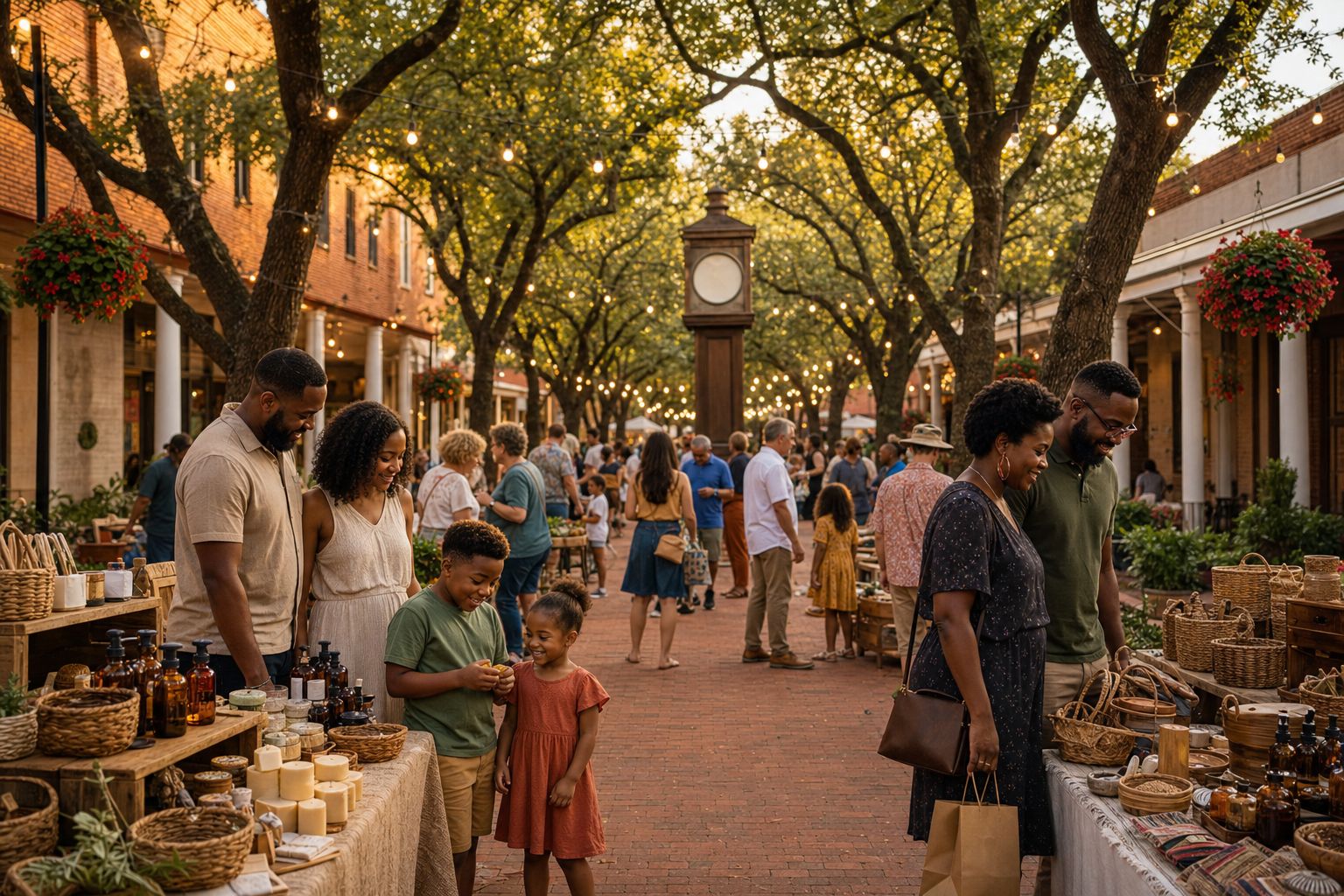 Outdoor artisan market at Lancaster's historic red-brick town square at golden hour, with a diverse crowd of Black and white families browsing handmade goods