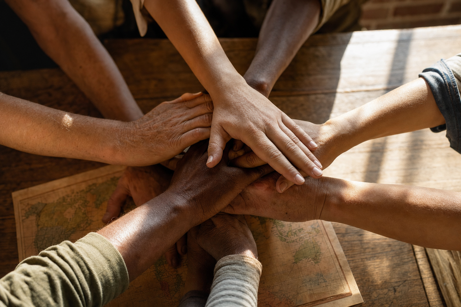 Hands from different backgrounds joined together, representing partnership across the places we work