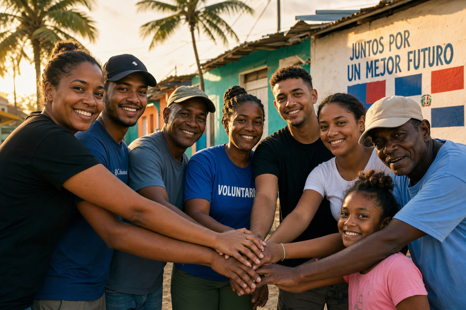 Volunteers and local community members working together joyfully in a village