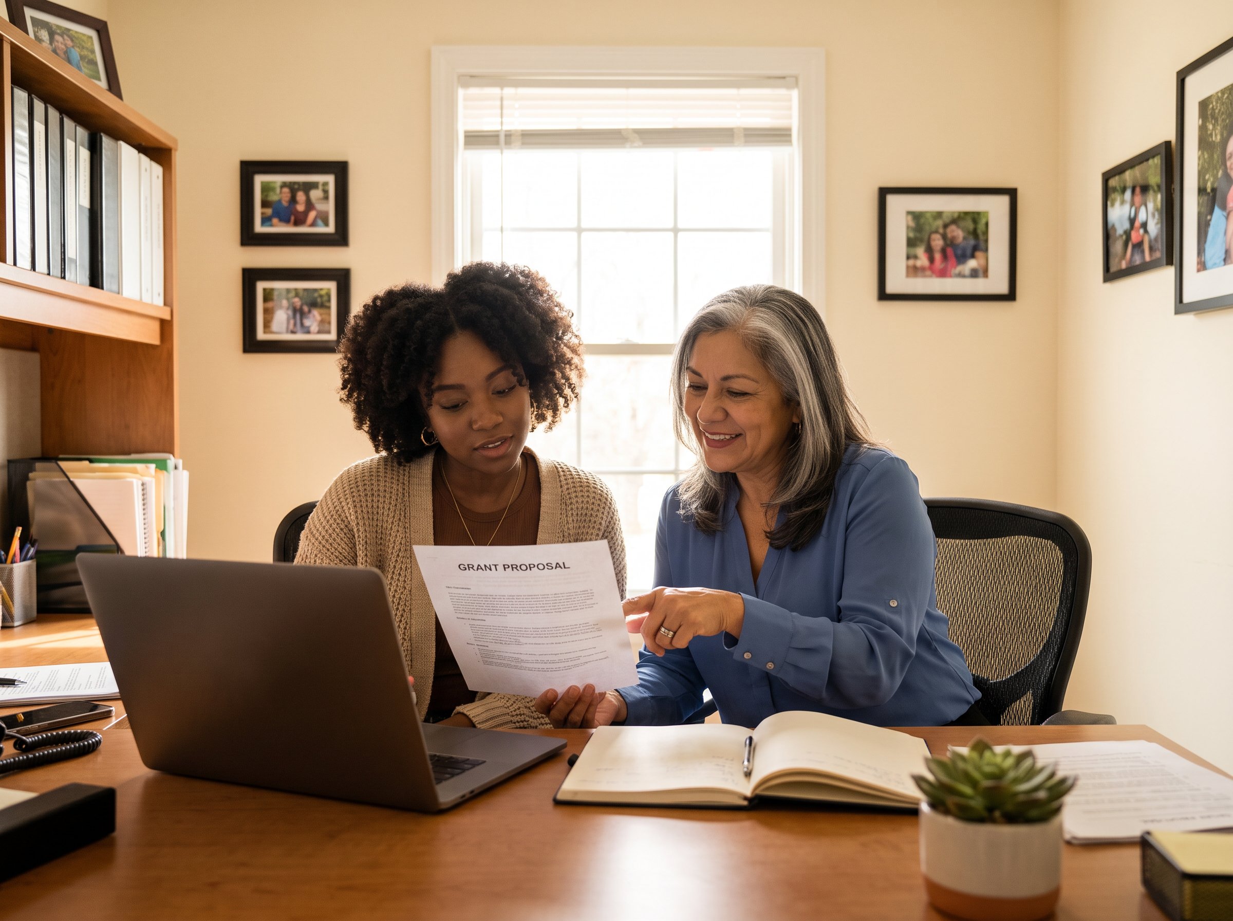An intern reviewing a grant proposal with a mentor at a desk