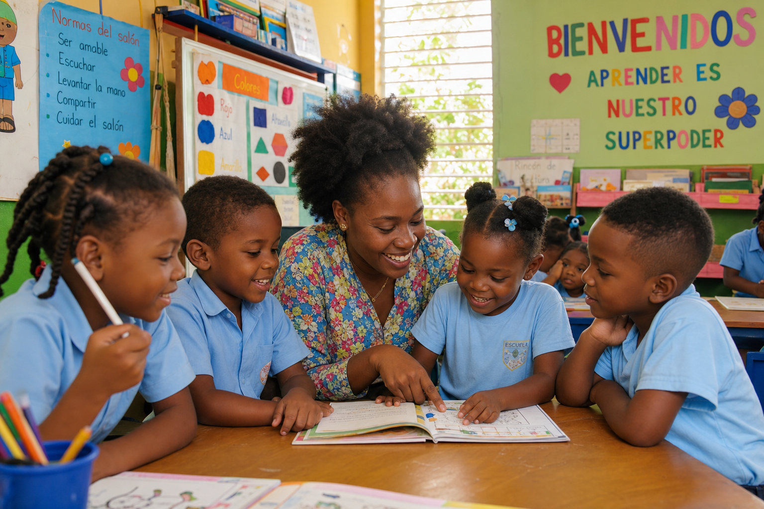 Children learning with a teacher in a bright classroom