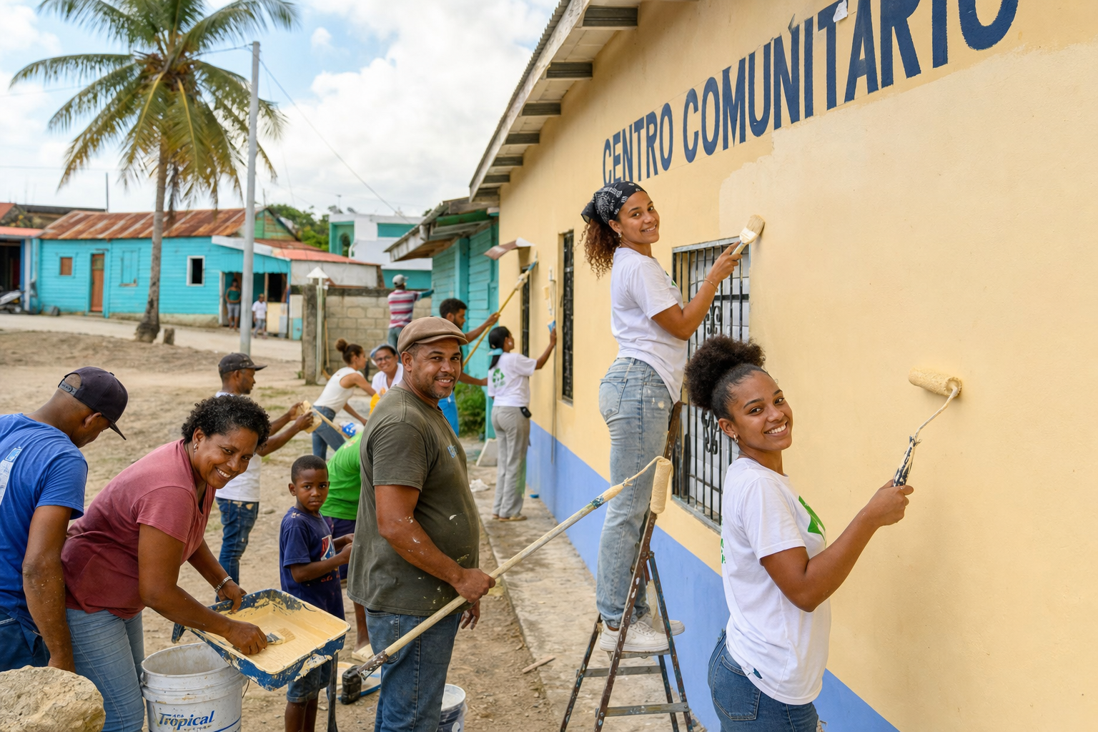 Dominican community members and volunteers painting a community center together