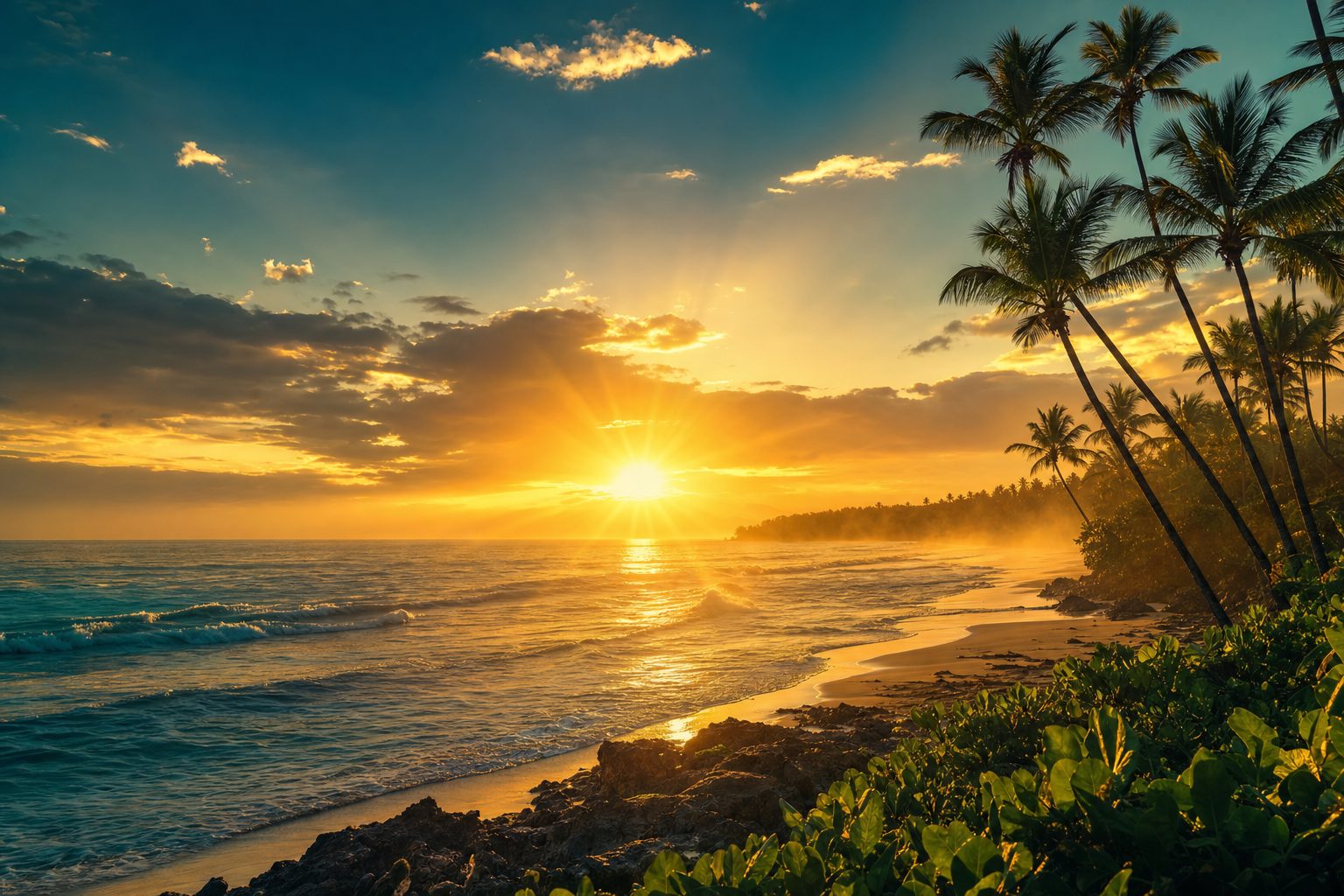 Golden sunrise over a Dominican Republic coastline, symbolizing hope and a new beginning